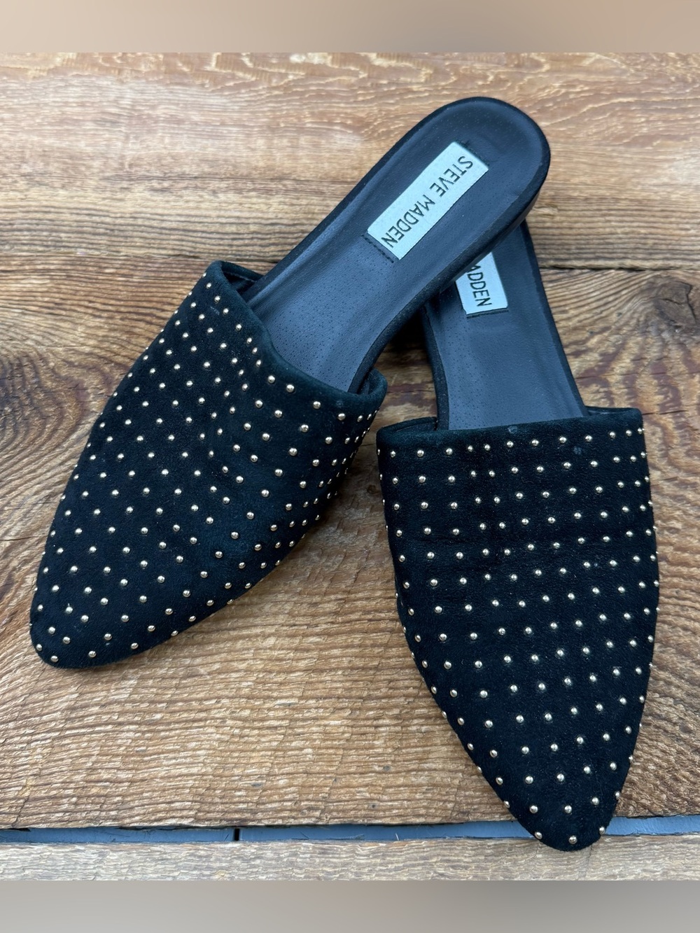 Steve Madden Black Slip-On Pointed Mules with Gold Studs